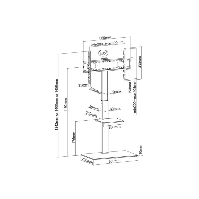 TV Stand with Shelf - Adjustable Height - Fits Sizes 37-70 inches, Maximum VESA 600x400