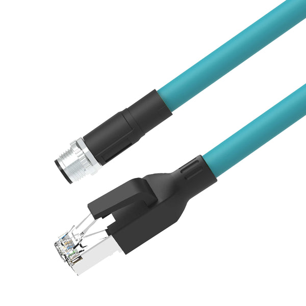 M12 4-pin D-Code Male to RJ45 Male CAT5E SF/UTP PUR Jacket Drag Chain Cable - TEAL