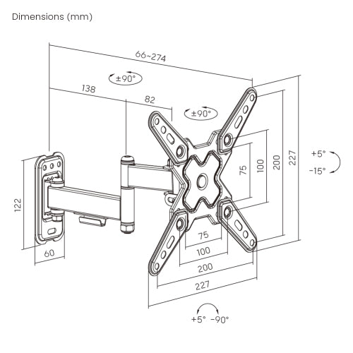 Two Arm Swivel & Tilt Mount Wall Mount LCD Bracket - Fits TV Sizes 13 to 43 inches - Maximum VESA 200x200