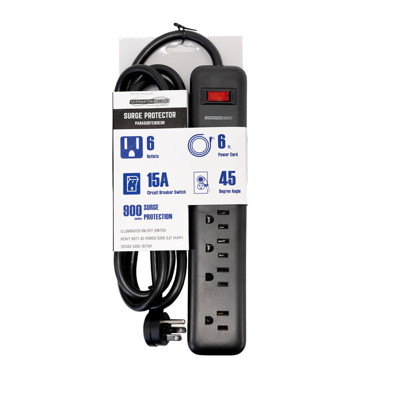 6 Outlet 900J Surge Protector - 45 Degree Angle 5-15P Plug – Circuit Breaker - Black