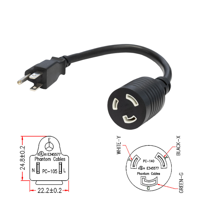 1ft NEMA 5-15P to NEMA L5-20R Power Cable - 14AWG - SJT Jacket