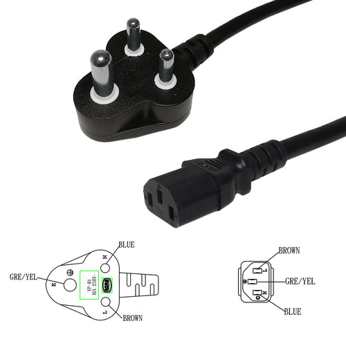 Power cord India type M to C13, 1,5mm², 10A, Approval: BIS, black, length  5,00m
