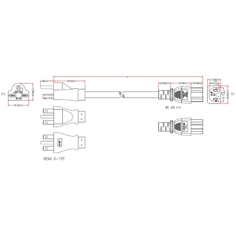 6-15P to C15 Power Cable - 14AWG (15A 250V) - SJT Jacket